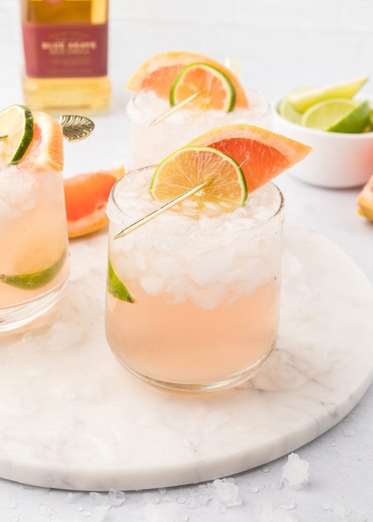 Grapefruit Paloma garnished and served over ice in a glass
