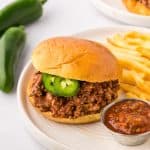 Mexican Sloppy Joes served with salsa and french fries